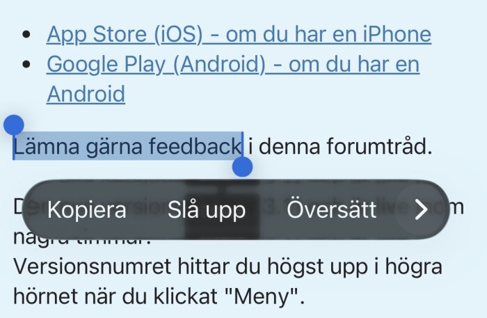 Markering och meny med alternativen "Kopiera", "Slå upp" och "Översätt" över texten "Lämna gärna feedback i denna forumtråd".