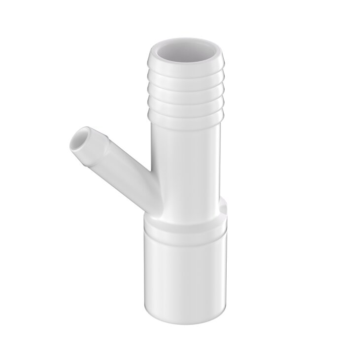 Vit plastadapter för VVS med sidouttag, används för att ansluta rör i olika riktningar.