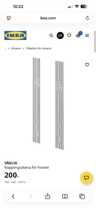 Kopplingsskena VÅGLIG för montering av fronter, tillgänglig på IKEA:s hemsida, pris 200 kr, artikelnummer DK tillbehör för vitvaror.