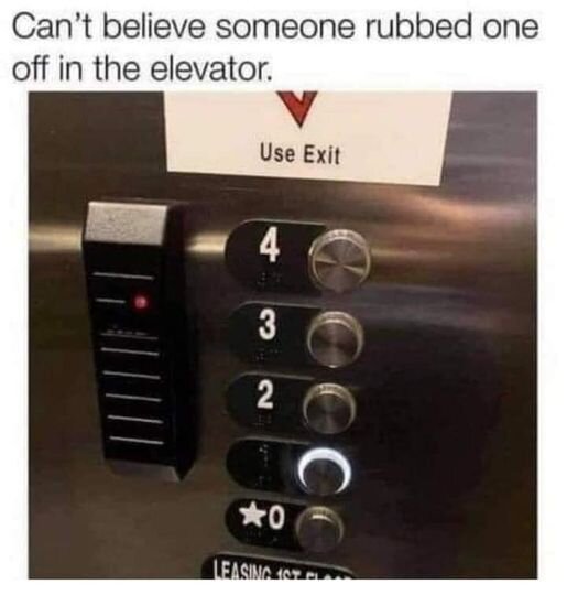 Hisspanel med våningsknappar 4, 3, 2 och stjärna 0 markerad. Text ovanför: "Can't believe someone rubbed one off in the elevator.