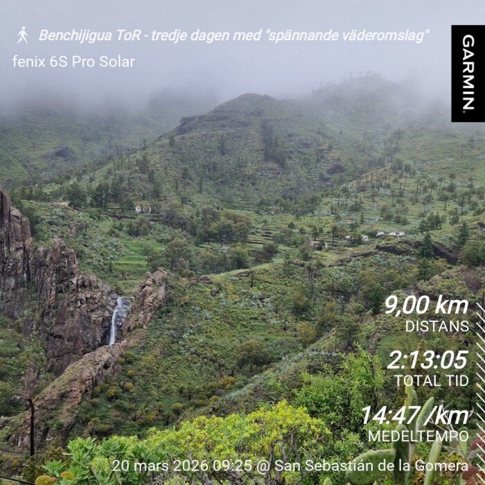 Tät grönskande dal med dimma, branta klippor och ett vattenfall; text visar löpstatistik och platsen San Sebastián de la Gomera.