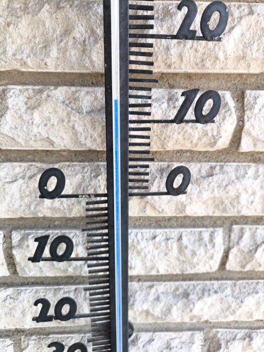 Termometer visar +13 grader mot stenmur, stilla vårdag.