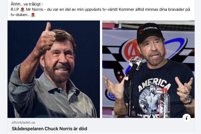 Två bilder av en äldre man: till vänster visar han en tumme upp och ler, till höger pratar han i en mikrofon iklädd en keps och T-shirt.