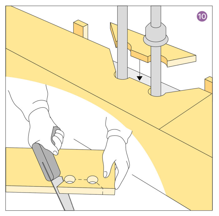 En illustration visar korrekt borrning av hål i trä, med händer som använder ett verktyg för exakt arbete.