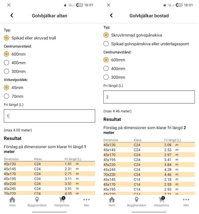 Appskärmdump som visar dimensioner och klassificering för golvbjälkar altan och bostad med centrumavstånd och virkesstorlek angivna.