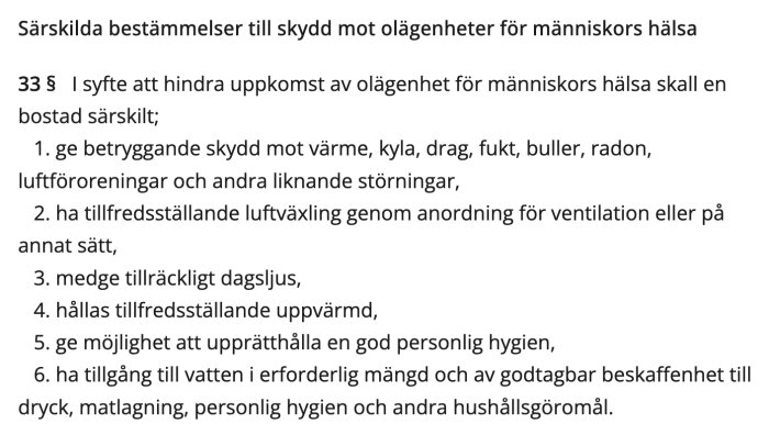 Text som beskriver särskilda bestämmelser för skydd mot olägenhet för människors hälsa i bostäder enligt 33 §.