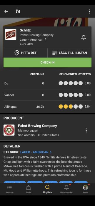 Bild av Schlitz öl information i en app med betyg, producerad av Pabst Brewing Company. Lager - American, 4.6% ABV.