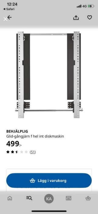 Glid-gångjärn för inbyggd diskmaskin, märkt "Behjälplig", pris 499 kr, med recension: 3 av 5 stjärnor från 51 betyg, knapp för varukorg.