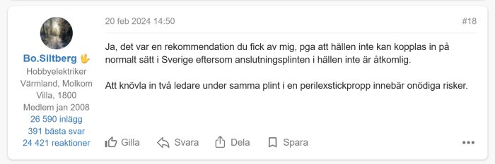 Användarprofil och inlägg av hobbyelektrikern Bo.Siltberg som diskuterar elinstallationer för en kökshäll.