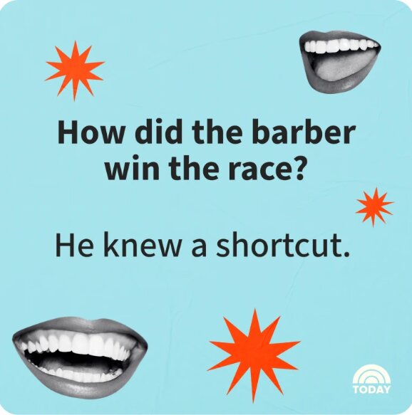 Text på blå bakgrund: "How did the barber win the race? He knew a shortcut." Omgivet av leende munnar och röda stjärnor.