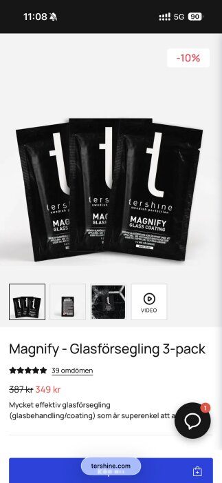 Tre svarta påsar med texten "Tershine Magnify Glass Coating", en glasförsegling i 3-pack som är prissänkt, visas på en mobilskärm.