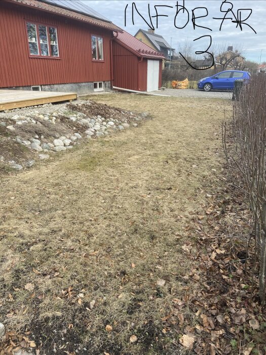 En trädgård med brunaktigt gräs framför ett rött trähus, med grusuppfart och en parkerad blå bil i bakgrunden. Texten "Inför år 3" är överlagd.