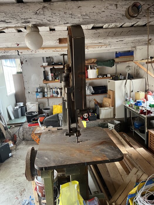 Äldre bandsåg i en rörig verkstad med hyllor och verktyg. Verktygen och sågspån på bordet vittnar om ett inaktivt bygge.