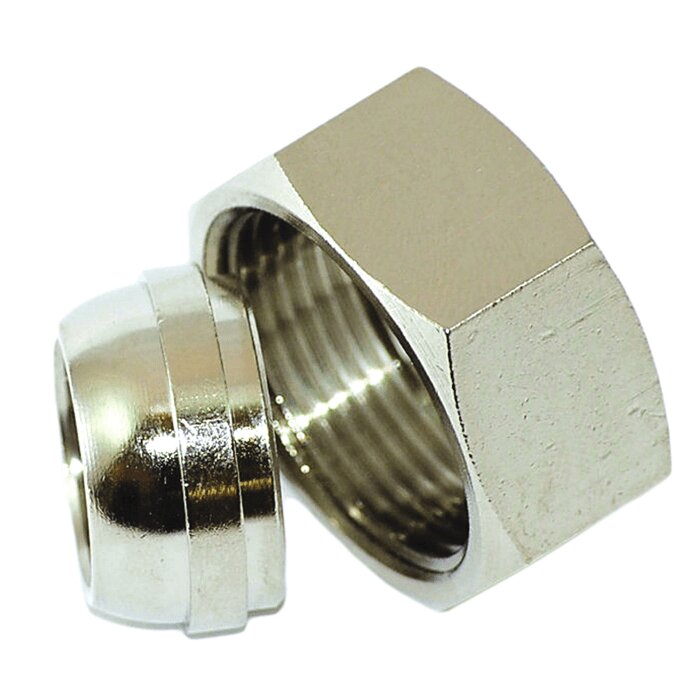 Två mässingsproppar, den vänstra liknar en radiatorpropp enligt texten, den högra är en sexkantig Securex-propp.