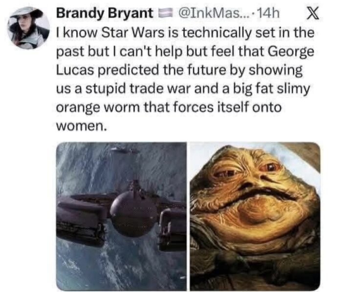 Ett Twitter-inlägg med en text om Star Wars, och en bild som visar ett rymdskepp samt en karaktär som liknar Jabba the Hutt.