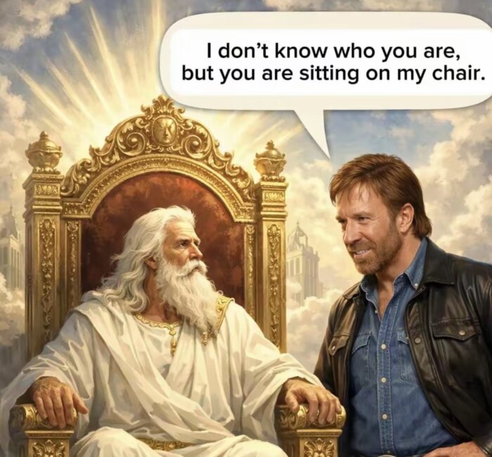 En bevingad och skäggig man på en tron talar med en person i läderjacka, med pratbubbla: "I don’t know who you are, but you are sitting on my chair.