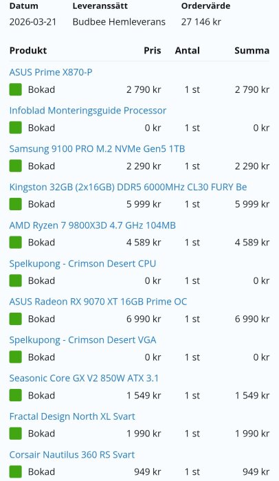 Beställningssammanställning för dator med komponenter som ASUS moderkort, Samsung SSD, Kingston RAM och AMD CPU, totalt pris 27 146 kr.