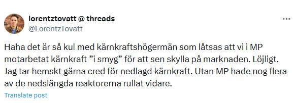 Skärmdump av tweet där en person diskuterar kärnkraft och politiska åsikter. Texten kritiserar påståenden om 'i smyg' motstånd från Miljöpartiet.