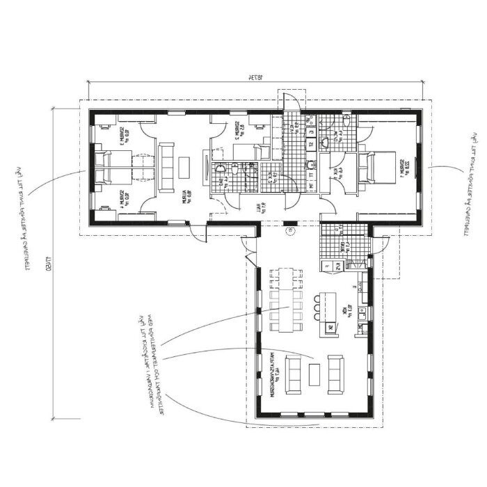 Husplanritning som detaljerar rumlayout, med markerad altan och garageposition. Diskussion om spegelvändning för bättre ljusinsläpp på altanen.