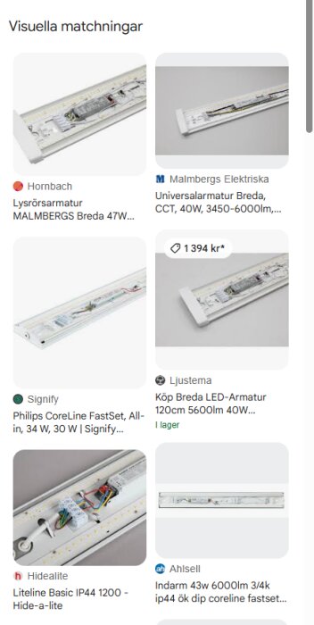 Sökresultat för lysrörsarmaturer, inklusive Philips Signify och Malmbergs, visas på Google Lens.