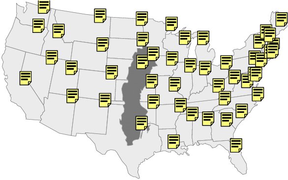Karta över USA med flera ikoner och en mörkmarkerad region i mitten av landet, relaterat till ett diskussionsinlägg om solpanelers effektivitet i olika områden.