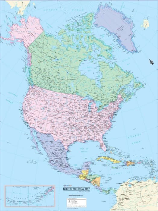 Karta över Nordamerika med länder inklusive USA, Kanada och Mexiko. Visar även städer som Seattle och Vancouver.
