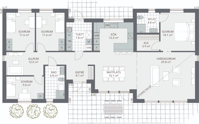 Planritning av Fiskarhedenvillan Briljanten med kök, vardagsrum, sovrum och badrum, totalt 20 kvm mindre än referensdesignen men effektivt utnyttjat.