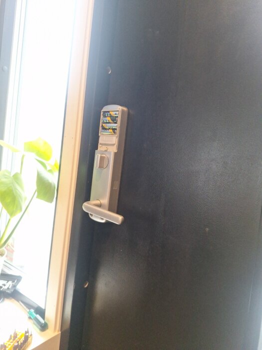 Elektroniskt dörrlås Yale Doorman monterat på en svart dörr, uppvisar problem enligt beskrivningen, solbelyst fönster och en växt i bakgrunden.