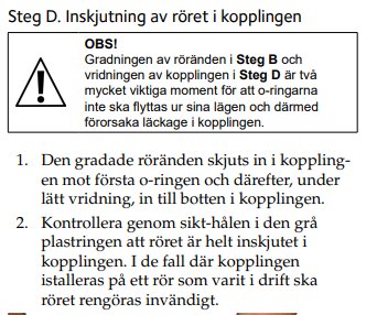 Instruktioner för inskjutning av rör i koppling, med betoning på gradering av rörändar och siktkontroll genom hål för att undvika läckage.