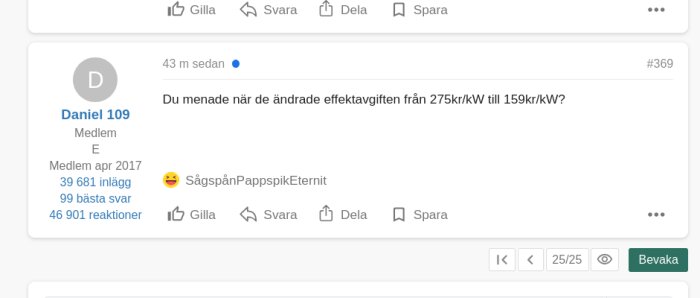 En skärmdump av ett forum där en användare diskuterar effektavgiftens förändring från 275 kr/kW till 159 kr/kW, med profilinformation och reaktionsalternativ.
