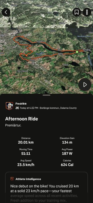 Satellitbild och karta över en cykelrutt i Borlänge kommun med detaljer som distans, höjd, tid och hastighet för en eftermiddagstur.