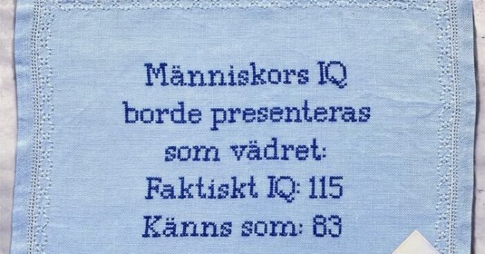 Broderat tyg med texten "Människors IQ borde presenteras som vädret: Faktiskt IQ 115 Känns som 83" i blått på blå bakgrund.