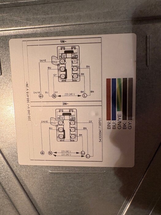 Kopplingsschema för Bosch-häll med olika färger för kablar: blå, brun, svart, grön/gul och grå. Visar anslutningar för 220-240V elinstallation.