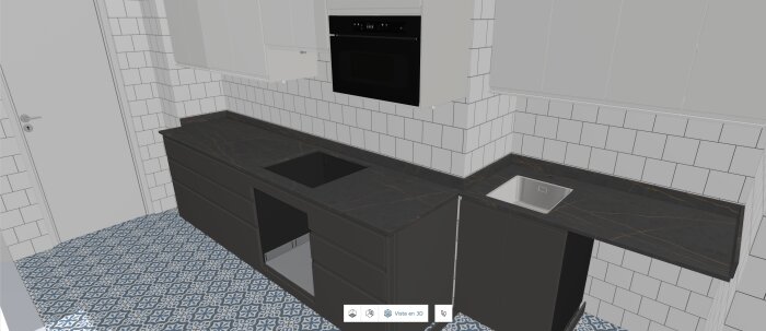 Modernt kök med mörka bänkskivor, vit kaklad vägg och blått mönstrat golv. Diskbänk utan baklist visar en stilren design.