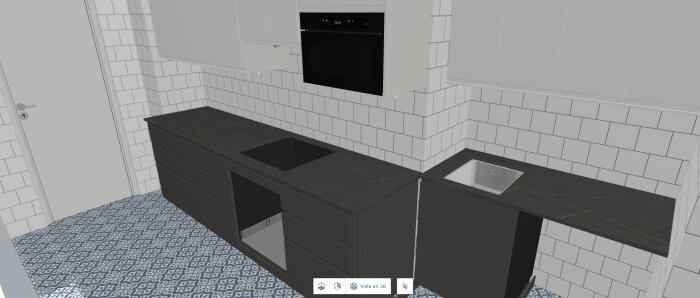 Digitalt köksritning med svarta bänksskivor och vitt kakel på väggen. Bakkantslist och köksskåp synliga. Vitt och blått geometriskt kakel på golvet.