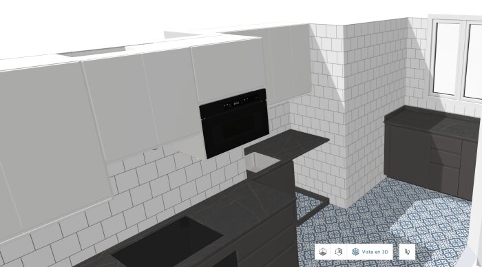 3D-ritning av ett kök med vita skåp, svart bänkskiva och vitkaklad vägg. Väggen har större kakelplattor än ritade.