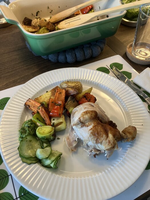 Tallrik med kyckling, rostade grönsaker och chimichurri i nÀrbild. Bakom syns en ugnsform med fler grönsaker.
