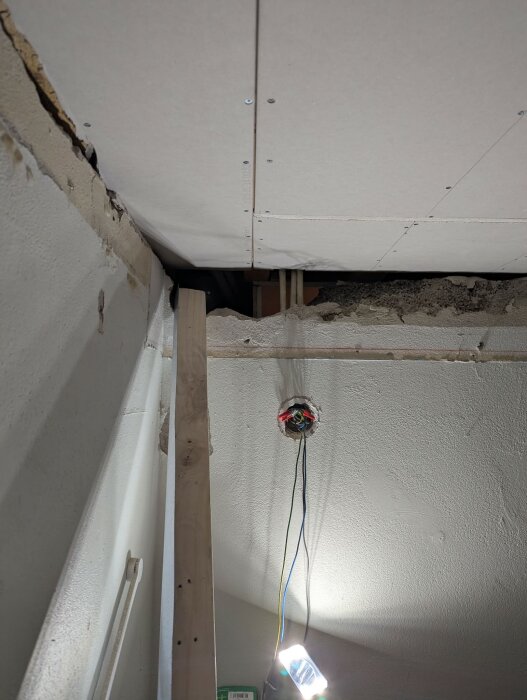 Rummet visar en takrenovering med öppet eluttag och lösa kablar samt skivmaterial monterat i taket. Väggen visar sprickor och ofärdigt gipsarbete.