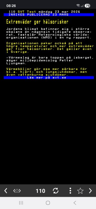 SVT Text-TV-sida om extremväder och hälsorisker från 23 mars 2026, refererar till WMO och miljöepidemiolog Petter Ljungman.