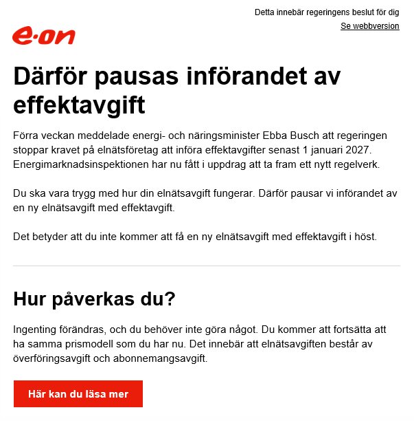 E.ON informerar om pausat införande av effektavgift för elnät med regeringens beslut, påverkar inte nuvarande prisstruktur.