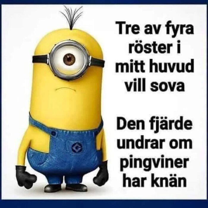 En tecknad gul figur med ett öga och blå byxor står bredvid texten: "Tre av fyra röster i mitt huvud vill sova. Den fjärde undrar om pingviner har knän.