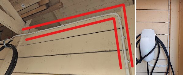 Elinstallation med kabelrör längs vägg och laddningsstation monterad på ljus träpanel.