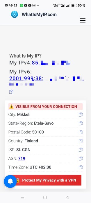 Skärmbild från WhatIsMyIP.com som visar IP-adress, IPv6, platsinformation som Mikkeli, Finland och tidzon UTC +02:00.