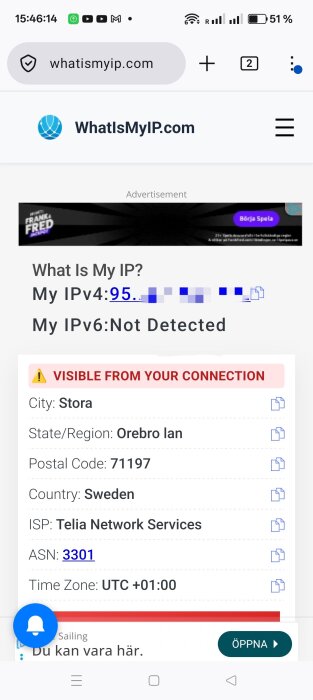 Webbsida som visar IP-adressinformation: IPv4-adress delvis dold, IPv6 inte upptäckt, plats Örebro län, Sverige, ISP Telia Network Services.