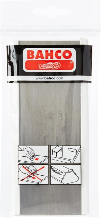 Förpackning med Bacho sickel, visar anvisningar för användning, inklusive rätt och fel håll för slipning av ytor.