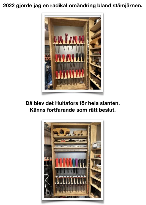 Skåp med hyllor fyllda med stämjärn och andra verktyg, organiserade noggrant i en verkstad.