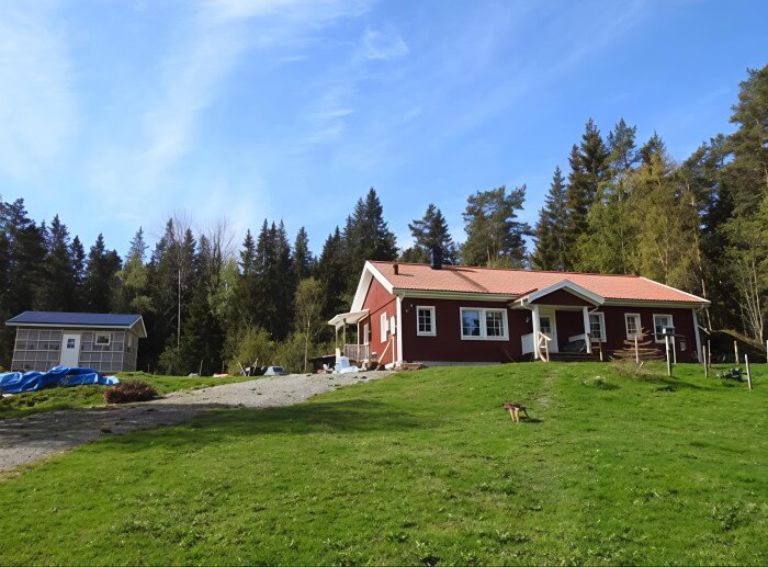 Rött enplanshus med tegeltak och veranda, omgivet av gröna träd och gräs. I bakgrunden finns en mindre byggnad och en skog. Blå himmel syns ovanför.