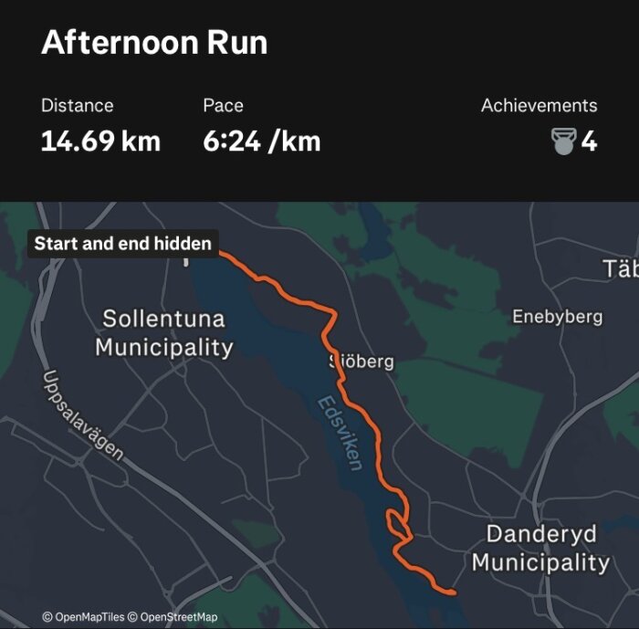 Karta av löprunda på 14,69 km med en medelhastighet av 6:24 min/km, genom Sollentuna och Danderyds kommuner.