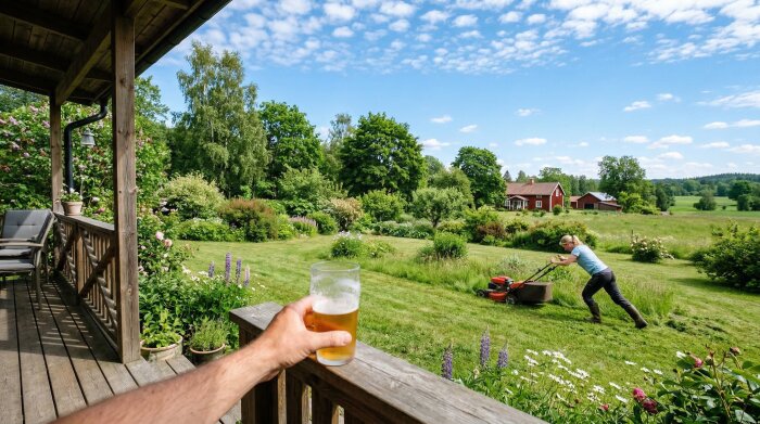 Man ser en gräsmatta från en altan där en kvinna klipper gräset med en gräsklippare, medan en arm håller ett glas öl i förgrunden.