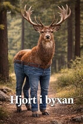 En hjort står på en skogsstig iförd ett par jeans, med texten "Hjort i byxan".